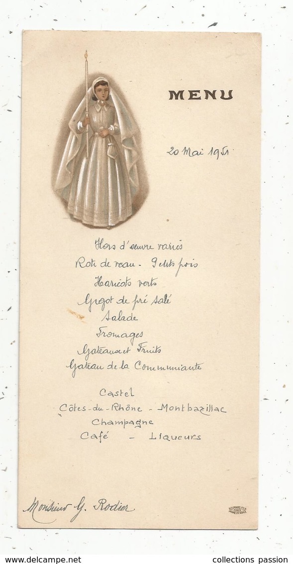 Menu , 20 Mai 1951 , Ed. Boumard Fils ,Paris , Communion ,communiante ,illustrateur, Frais Fr 1.45 E - Menu