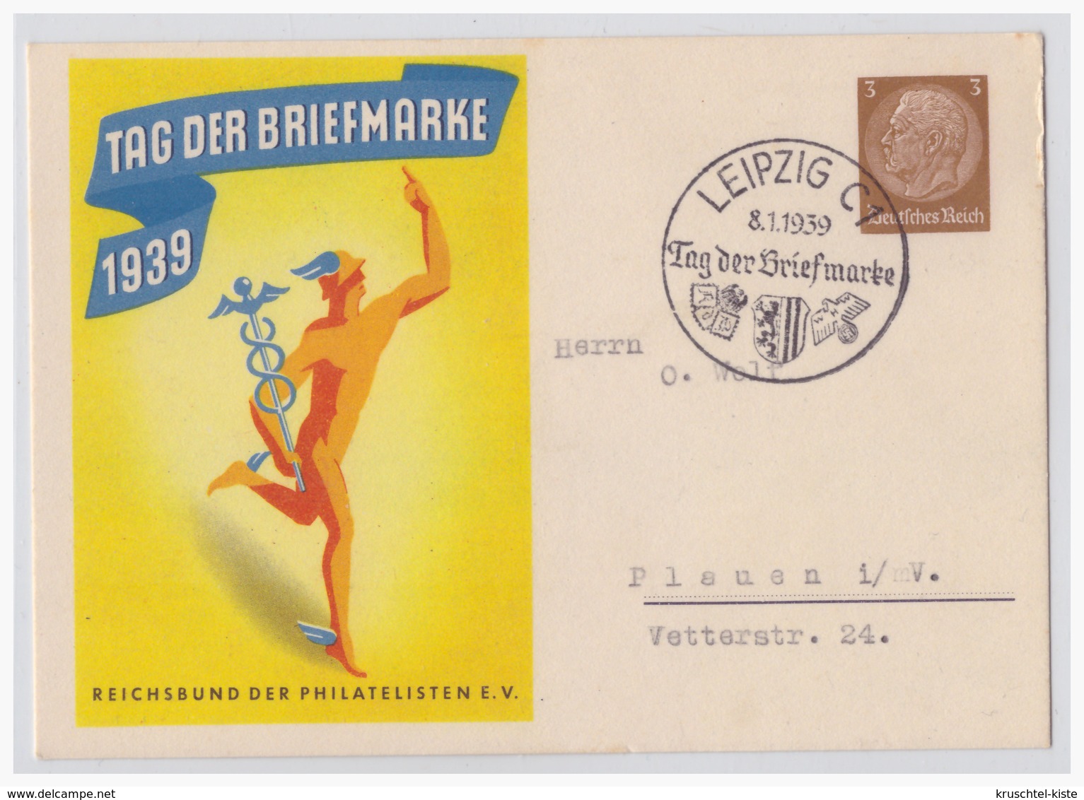 Dt- Reich (001529) Ganzsache P239/02 Tag Der Briefmarke 1939 Gelaufen Mit Sonderstempel Leipzig C1 8.1.1939 - Sonstige & Ohne Zuordnung