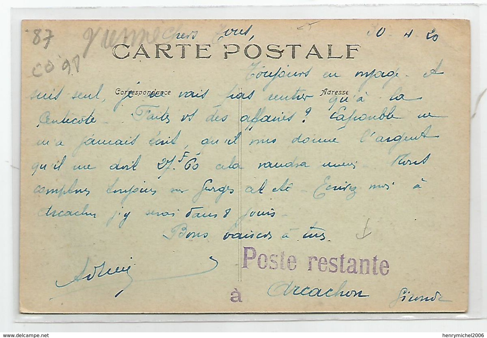 Marcophilie - Cachet Poste Restante A Arcachon 1920 Gironde 33 - De Limoges - 1877-1920: Semi-Moderne