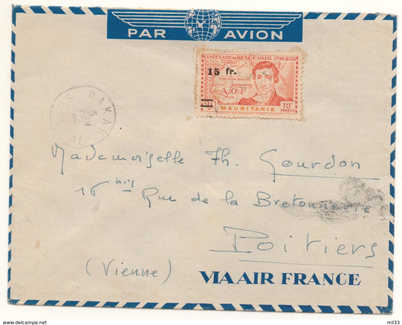 Lettre Par Avion Pour Poitiers De 1944 Avec 90c Surch 15F René Caillet Très Bon - Covers & Documents