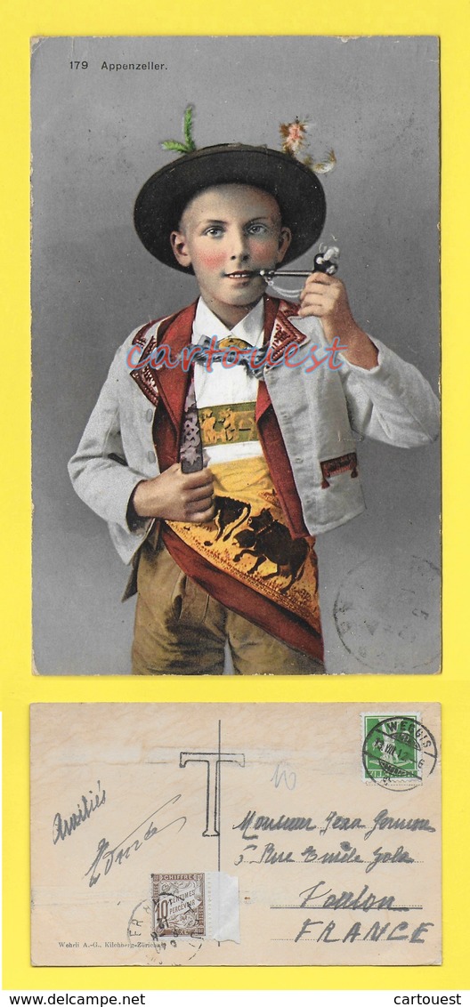 CPA 1912  APPENZELLER Enfant Costume Typique Local WEGGIS ( Pipe Suisse ) T Taxée  10 C à Perçevoir - Appenzell