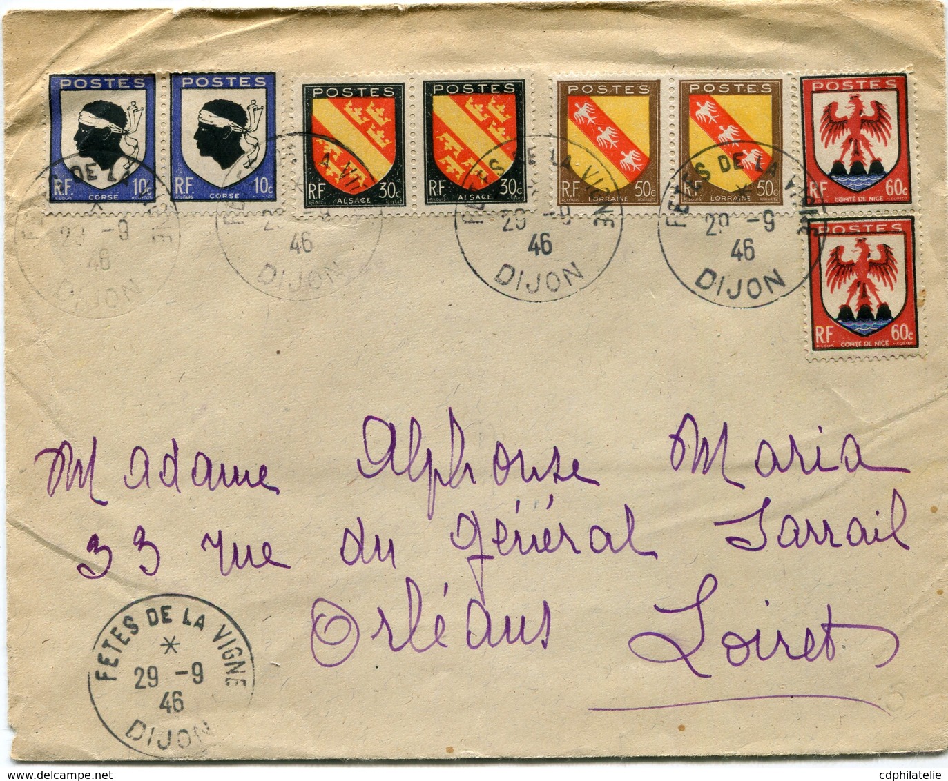 FRANCE LETTRE DEPART FETES DE LA VIGNE 29-9-46 DIJON POUR LA FRANCE - 1941-66 Coat Of Arms And Heraldry