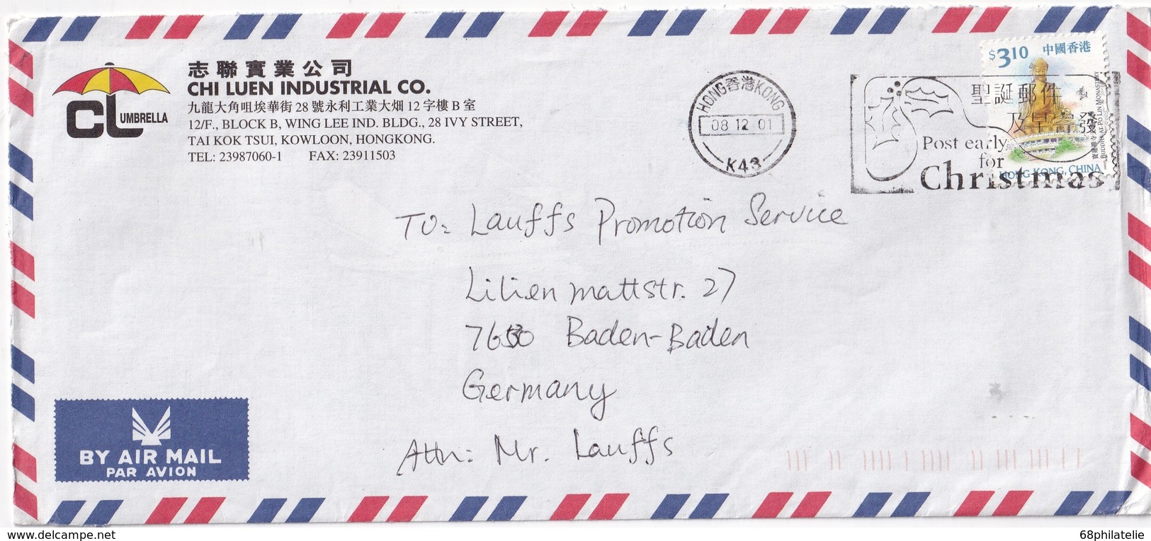 HONG KONG 2001   LETTRE POUR BANDE-BADEN - Lettres & Documents