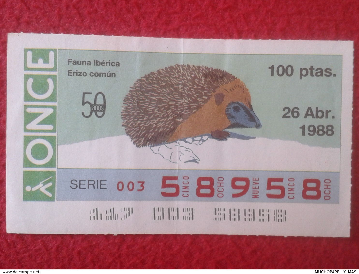 CUPÓN DE ONCE SPANISH LOTTERY LOTERIE SPAIN CIEGO BLIND LOTERÍA ESPAÑA FAUNA IBÉRICA FAUNE ERIZO COMÚN HÉRISSON HEDGEHOG - Billetes De Lotería