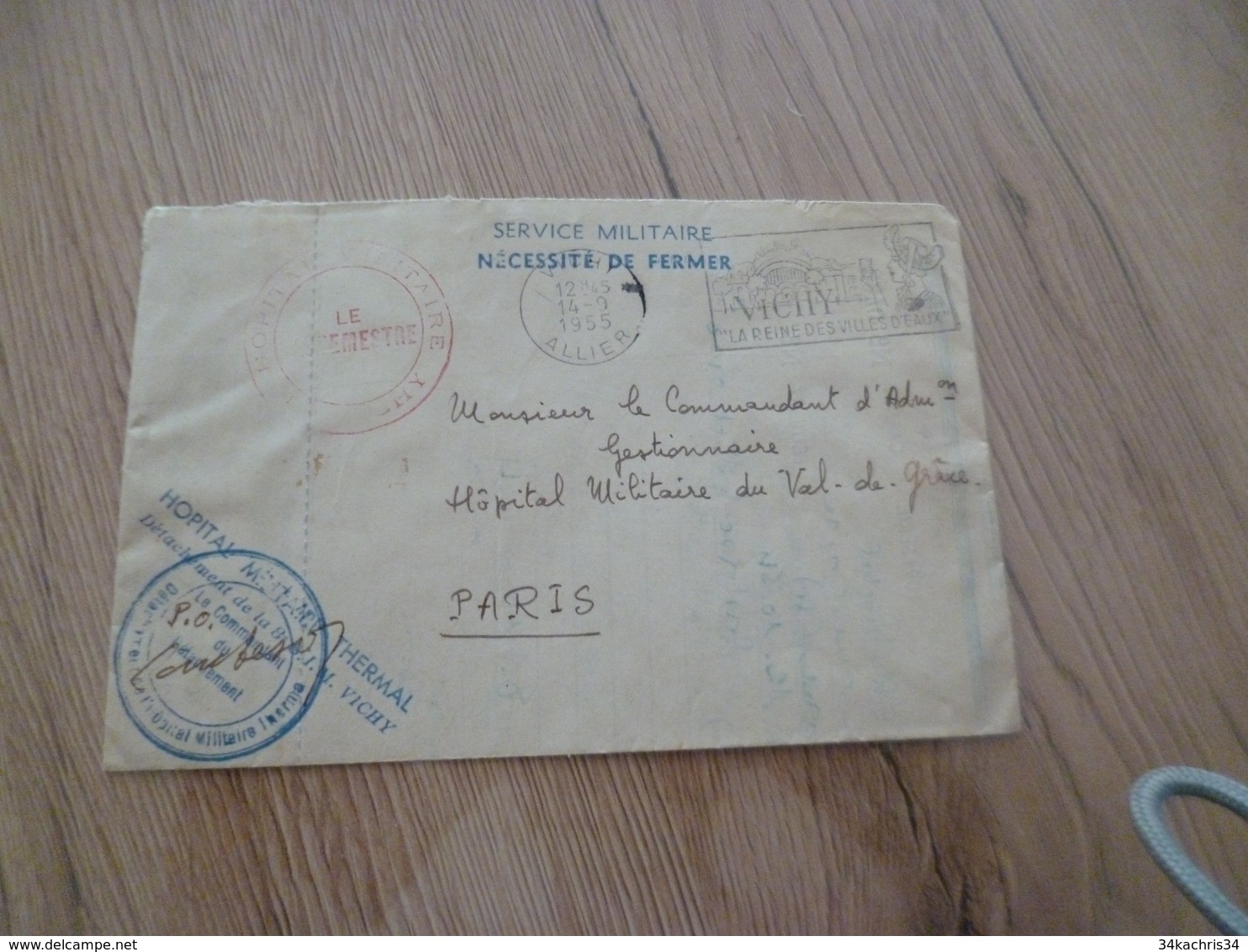 Lettre France Vichy Pour Paris 14/09/1955 Hôpital Militaire - Bolli Militari A Partire Dal 1900 (fuori Dal Periodo Di Guerra)
