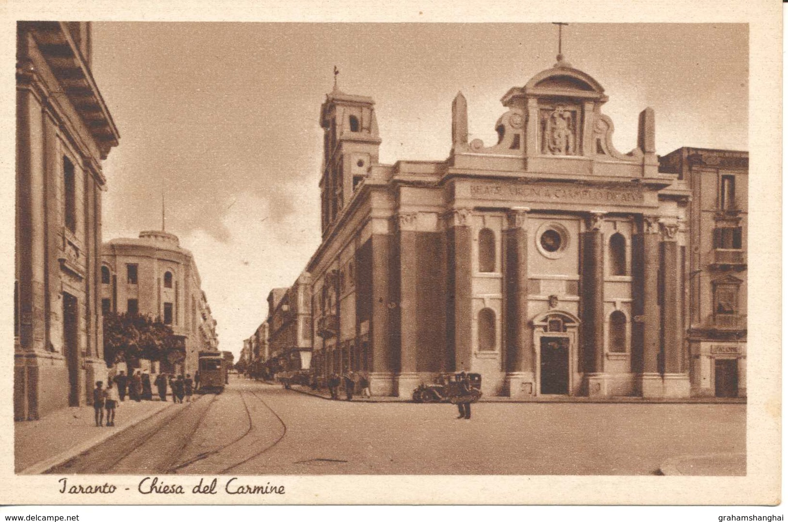 Postcard Italy Puglia Taranto Chiesa Del Carmine Church Street Scene Tram Unposted 1930s ? - Taranto