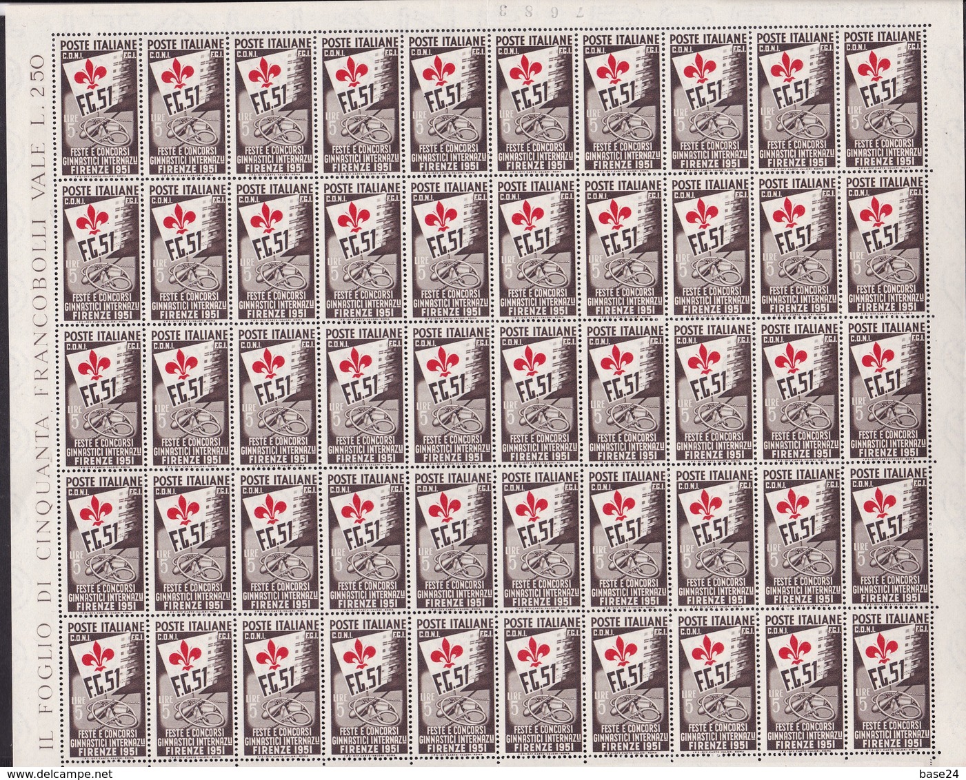 1951 Italia Italy Repubblica GIOCHI GINNICI DI FIRENZE 50 Serie di 3 valori in Foglio MNH** Sheet