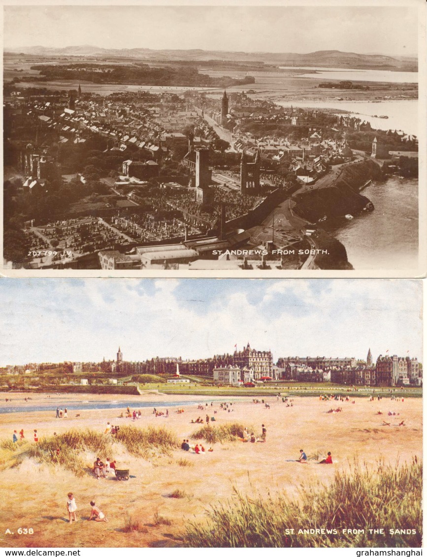 2 Postcards Scotland Fife St Andrews From The South Aerial ? RPPC & From The Sands Unposted & Posted 1947 - Fife