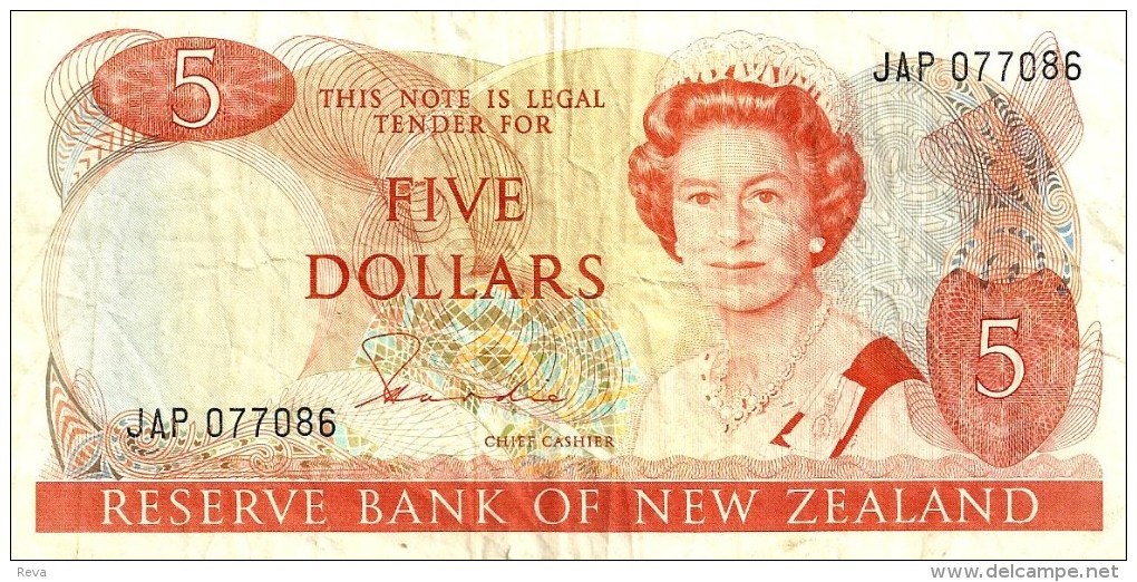 NEW ZEALAND $5 JAMES COOK WMK 2ND ISSUE HEAD OF QEII BIRD BACK ND(1985-89) SIGN RUSSEL P.171b READ DESCRIPTION - Nouvelle-Zélande