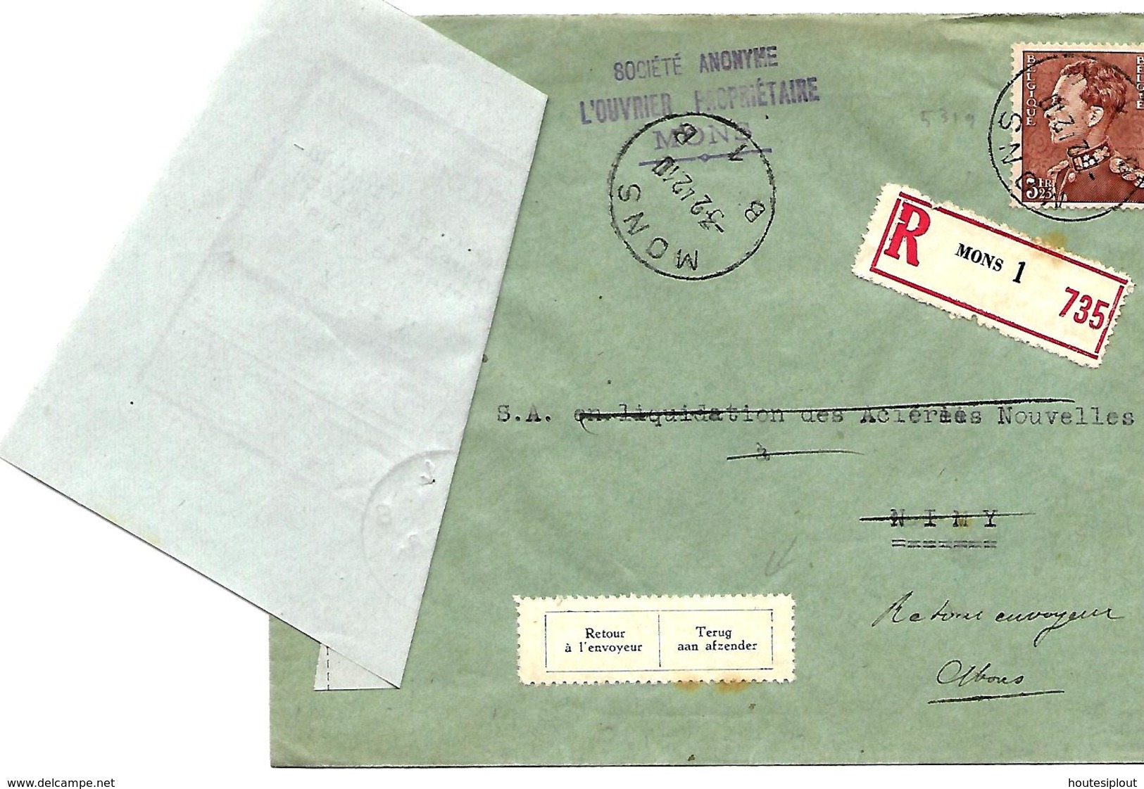 Belgique TP 531 L. Rec. Mons 1 > Nimy   Adresse Insuffisante + Le Récéipissé   1942 - Lettres & Documents