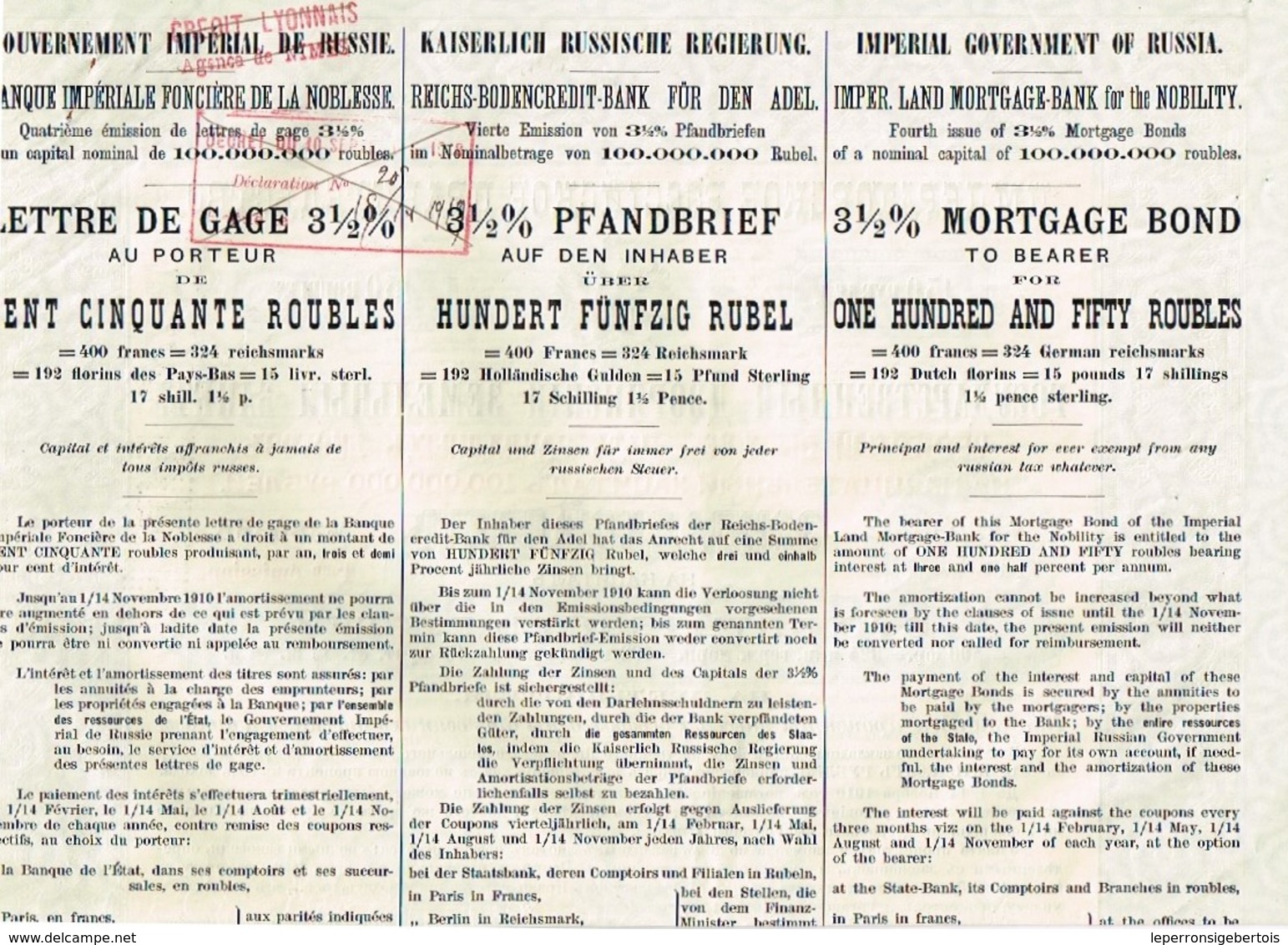 Obligation Ancienne - Gouvernement Impérial De Russie - Banque Impériale Foncière De La Noblesse - Titre De 1900 - Russie