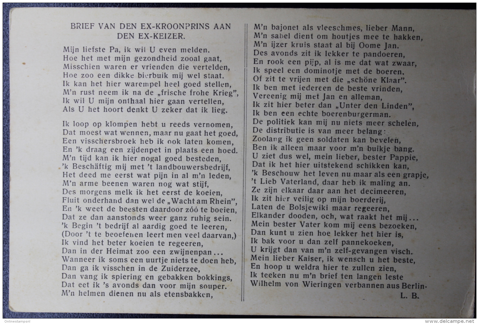 Nederland:  Propaganda Kaart Ex Kroonprins Aan Ex Keizer  Wieringen Jan 1919 , Met Tekst Achterzijde - Brieven En Documenten