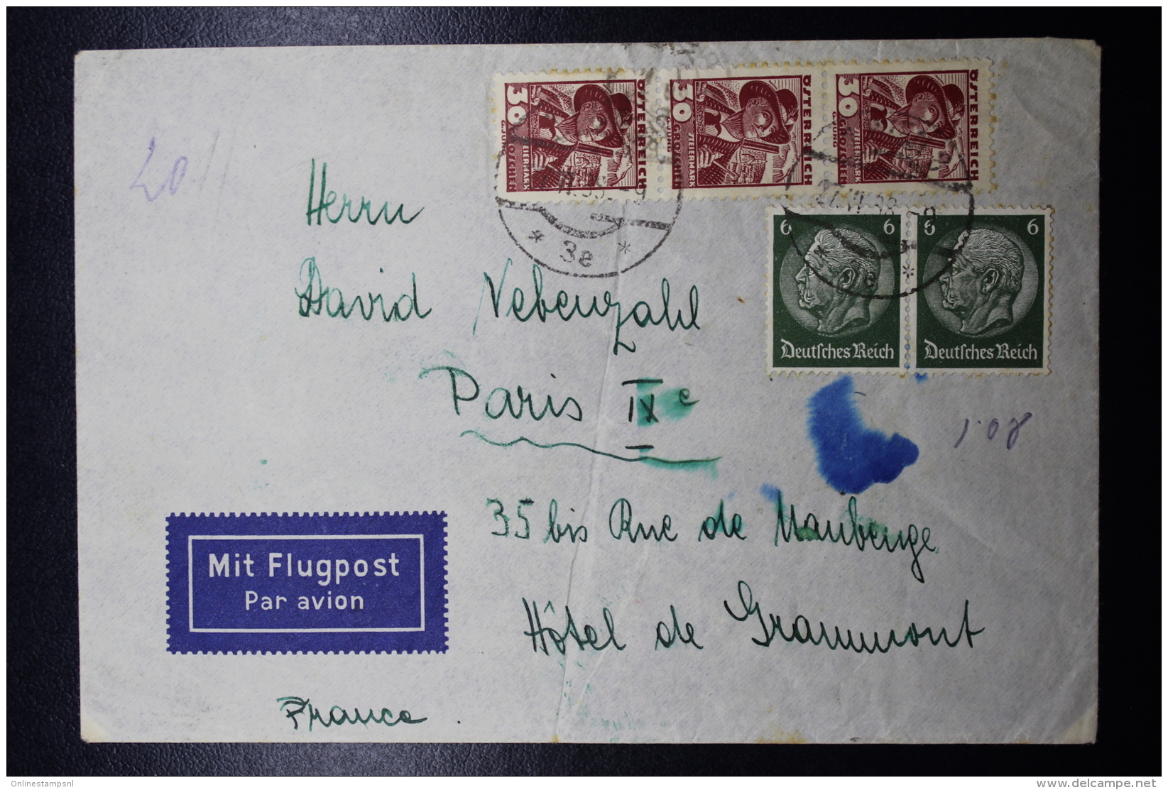 Austria: Anschluss Airmail Cover Mixed Franking   2x Strip To Paris 27-6-1938 - Briefe U. Dokumente