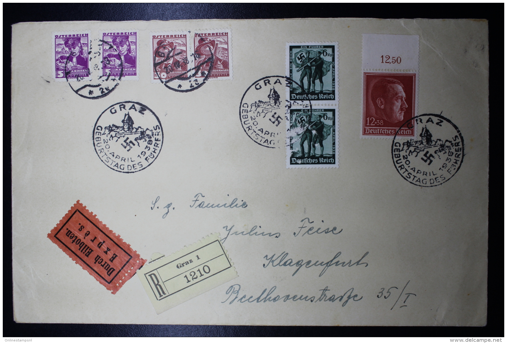 Austria: Anschluss Cover Mixed Franking Einschreiben + Express Graz -&gt; Klagenfurt 20-4-1938  Geburtstag Des Führers - Briefe U. Dokumente