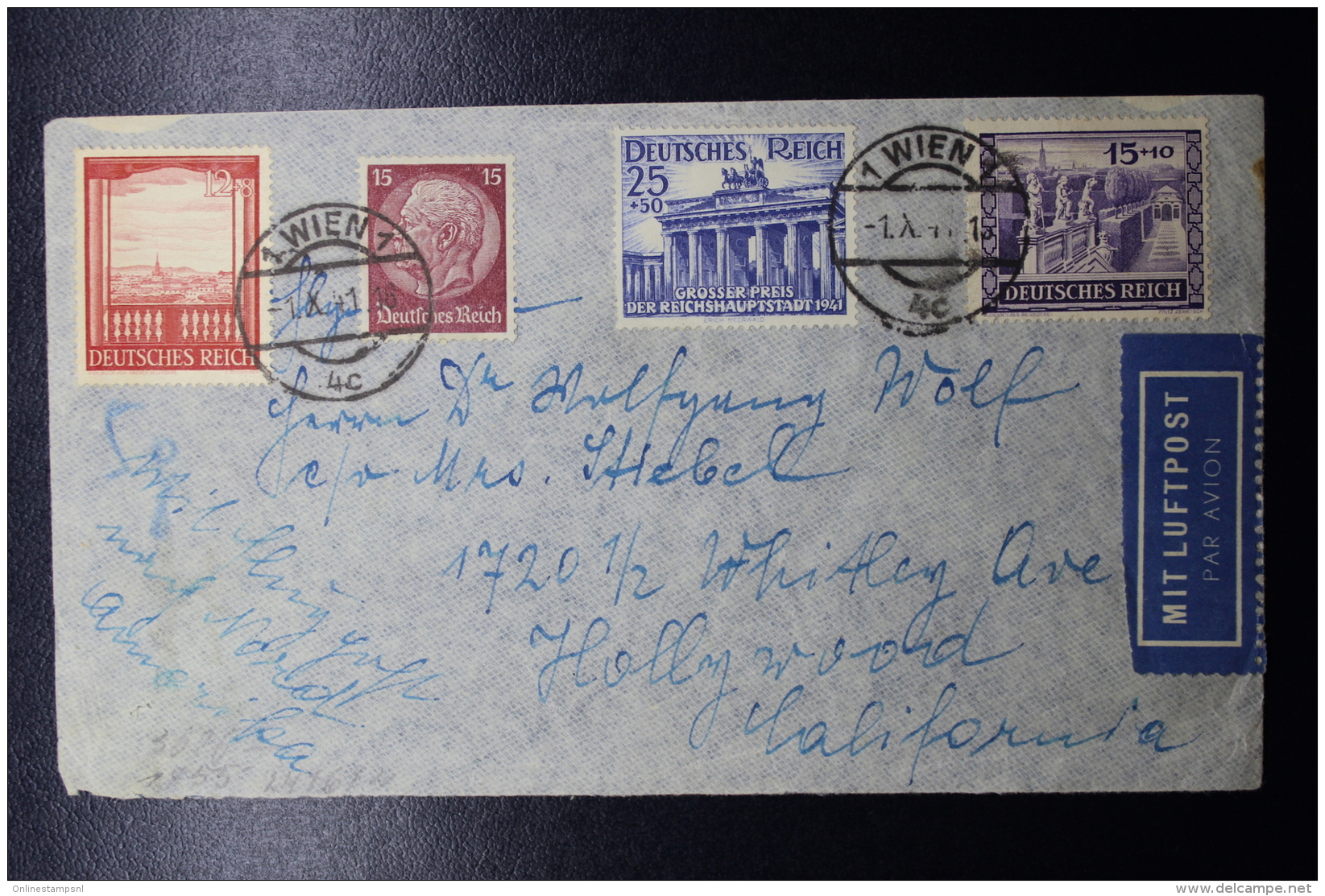 Austria: Anschluss Luftpost Cover Wien -&gt; Hollywood Caifornia Mi 803 + 805 1-10-1941 - Briefe U. Dokumente