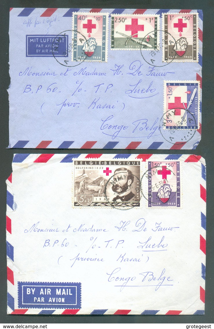 BELGIUM BEGIQUE 2 Lettres  Avec Séries CROIX-ROUGE Par Avion De NIMY (1956) Vers Luebo (Congo  Belge Kasai) -  13397 - Red Cross