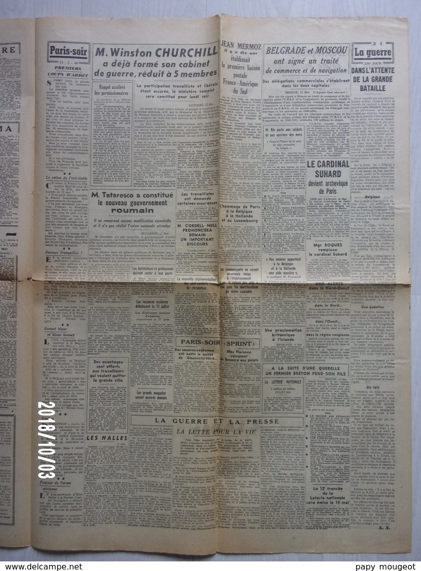 Journal  "Paris Soir" N°6082 Du 13 Mai 1940 - Unclassified