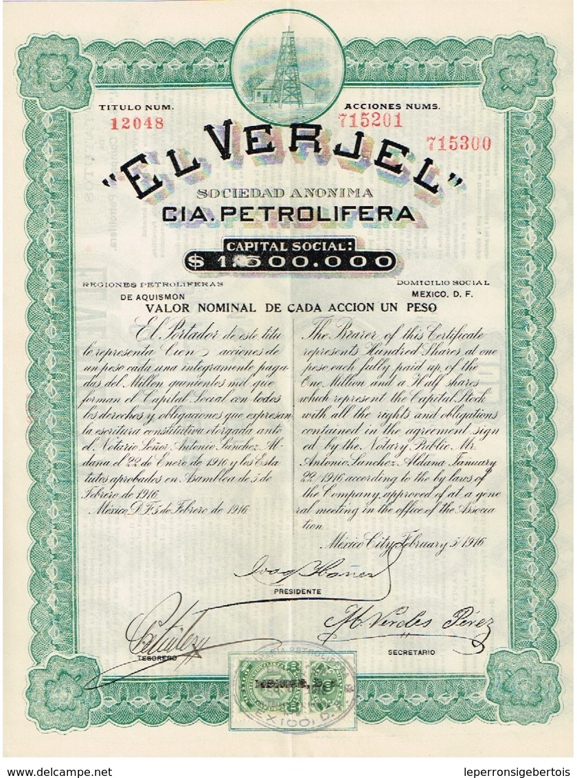 Ancienne Action - "El Verjel" Compañia Petrolifera Sociedad Anonima - Mexico - Titulo De 1916 - - Pétrole