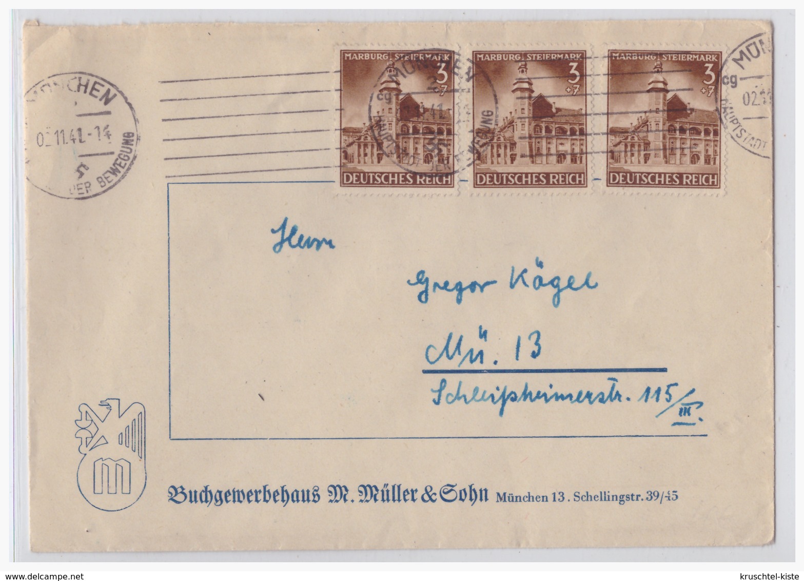 Dt.- Reich (001698) Firmenumschlag Buchgewerbehaus M.Müller & Sohn, Gelaufen München 2.11.1941 - Briefe U. Dokumente