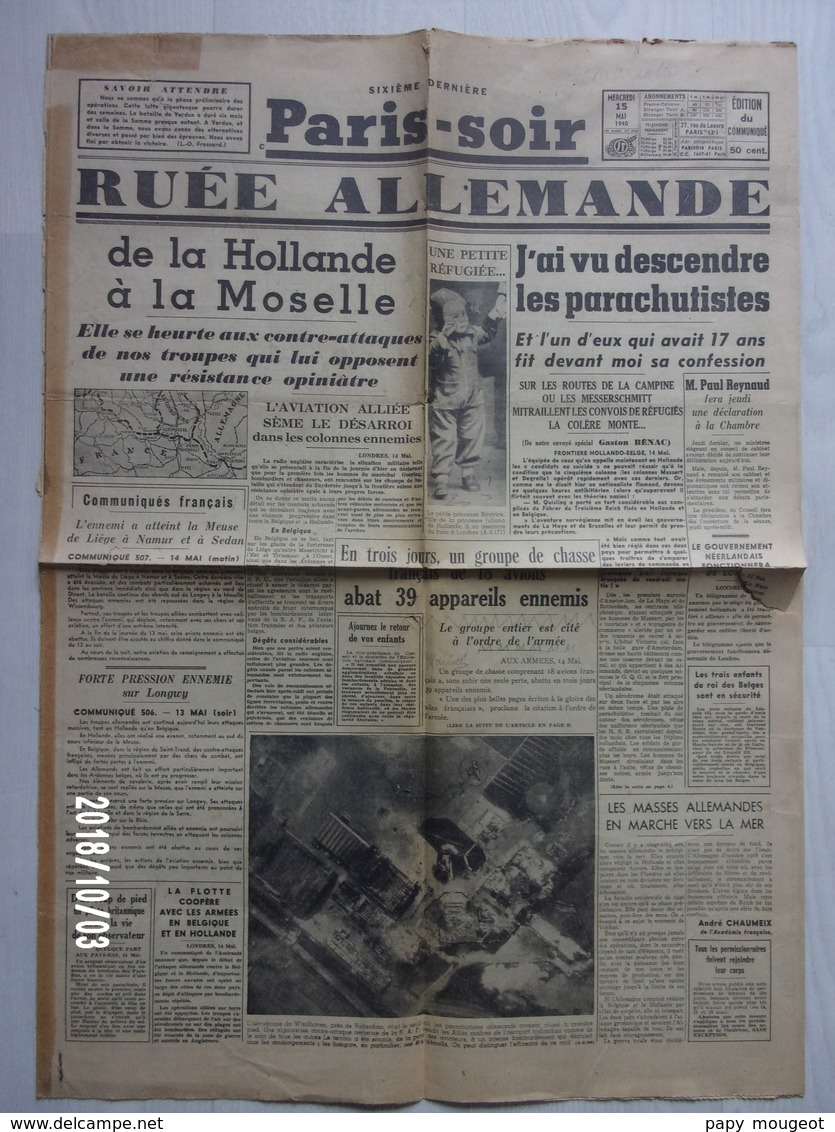 Journal  "Paris Soir" N°6084 Du 15 Mai 1940 - Unclassified