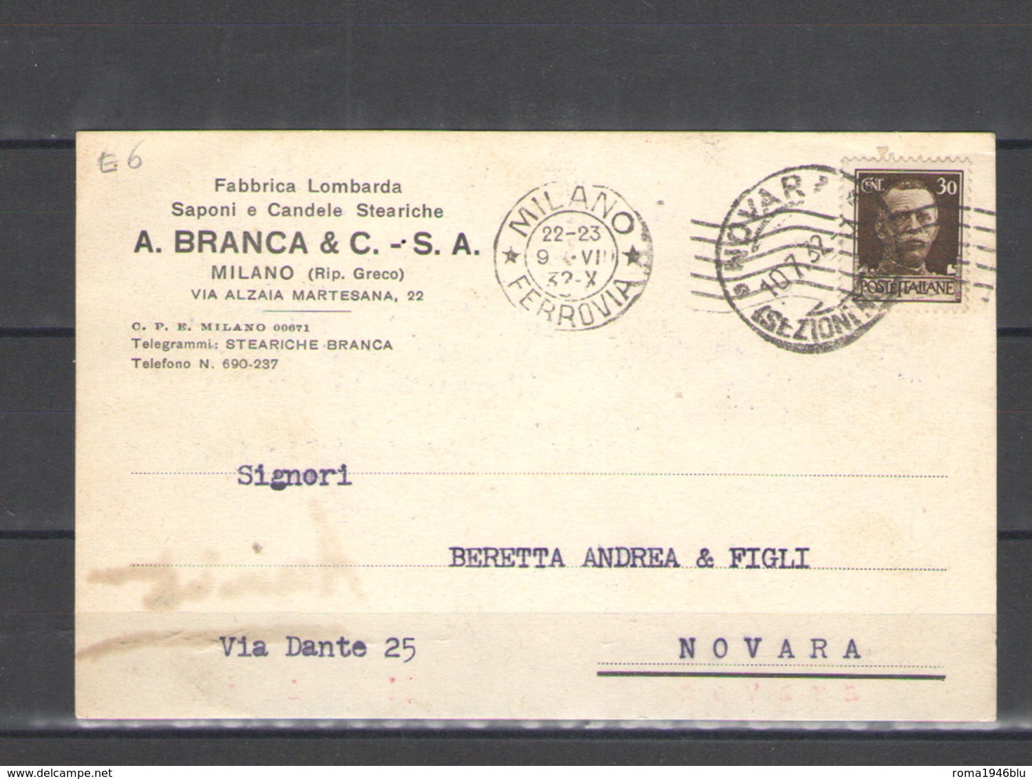 CARTOLINA PUBBLICITARIA A. BRANCA & C. C. - S.A. MILANO - Publicité