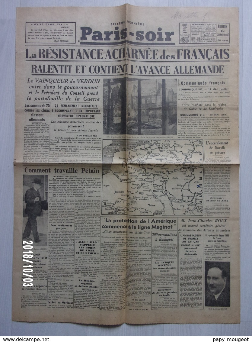 Journal  "Paris Soir" N°6089 Du 20 Mai 1940 - Unclassified