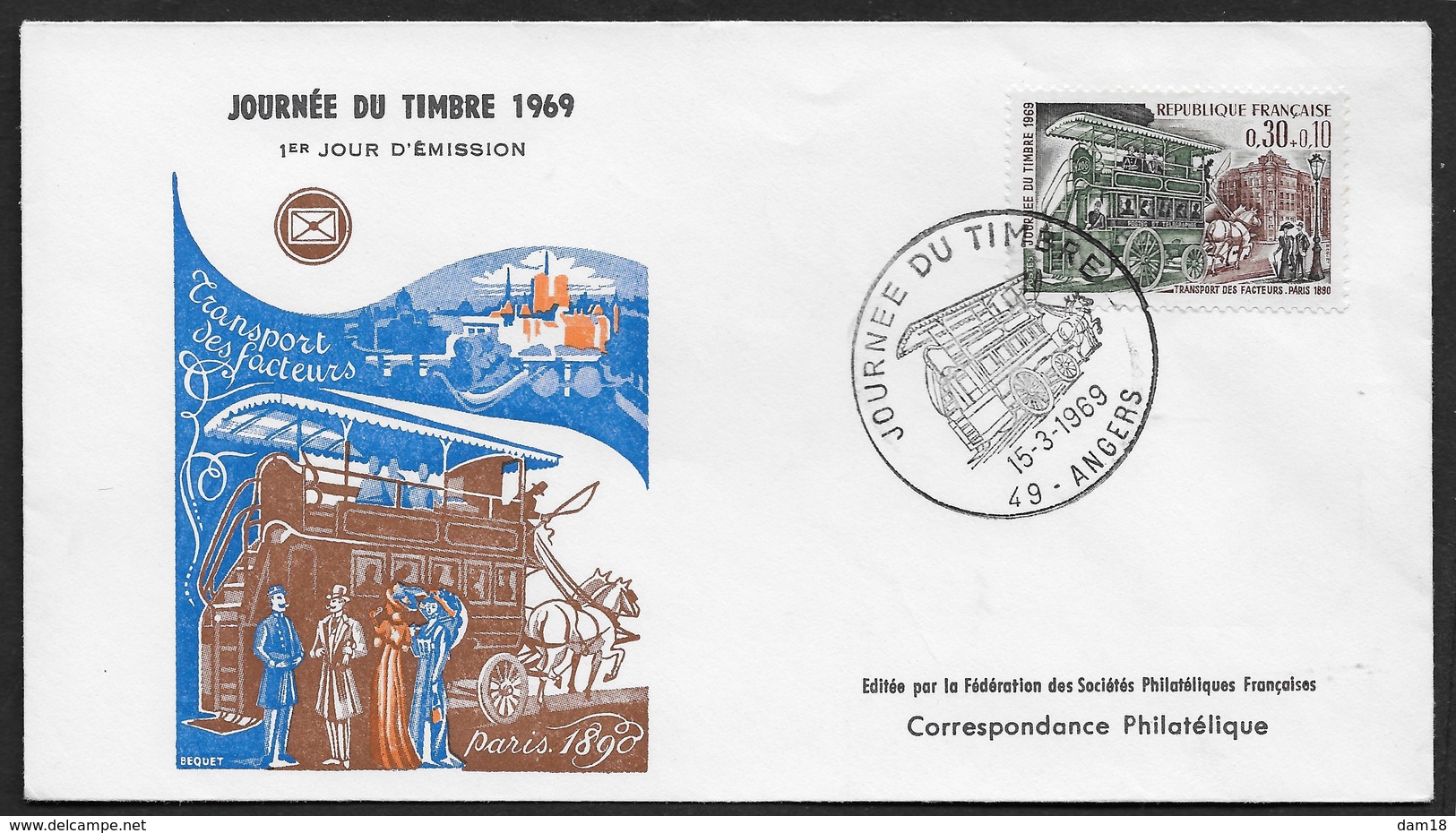 FRANCE N° 1589 Journée Du Timbre 1969 Enveloppe FDC CàD ANGERS (49) Omnibus Transport Facteurs - 1960-1969