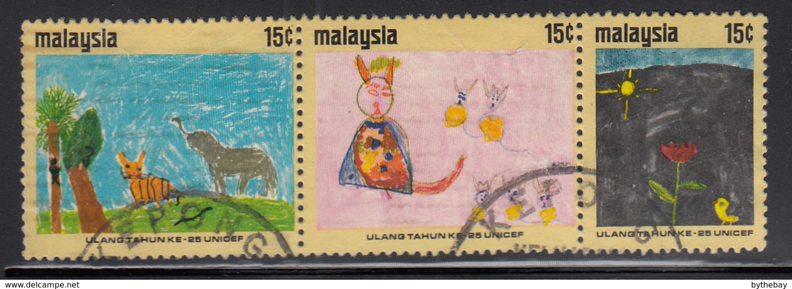 Malaysia 1971 Used Scott #87-#89 Strip Of 3 Children's Drawings UNICEF 25th Anniversary - Malaysia (1964-...)