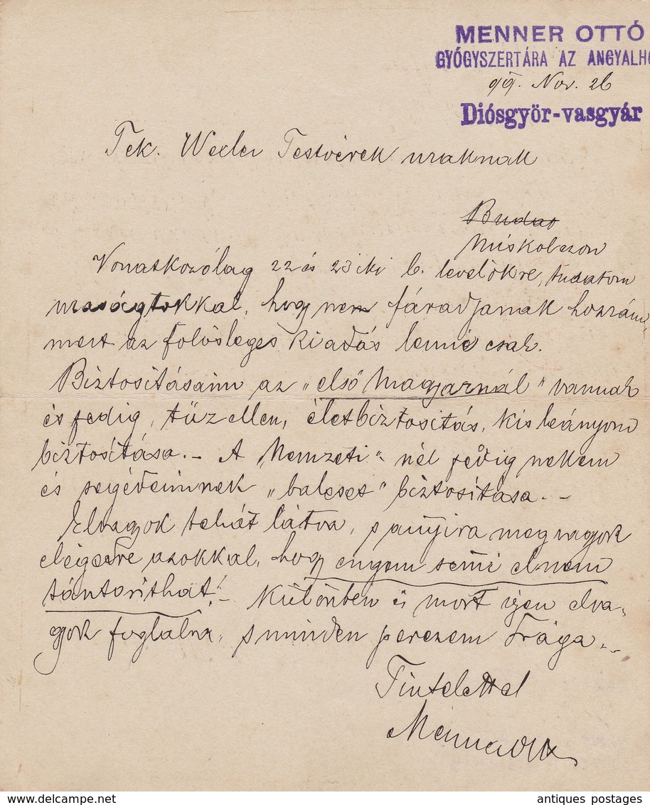 Entier Postal 1899 Miskolc Mischkolz Ungarn Hongrie Magyarország Otto Menner Gyógyszertár Apotheke Pharmacy Pharmacie - Entiers Postaux