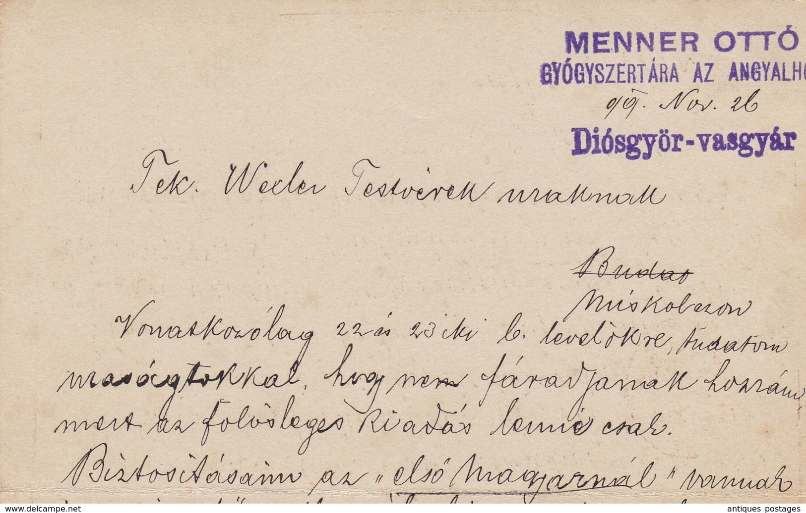 Entier Postal 1899 Miskolc Mischkolz Ungarn Hongrie Magyarország Otto Menner Gyógyszertár Apotheke Pharmacy Pharmacie