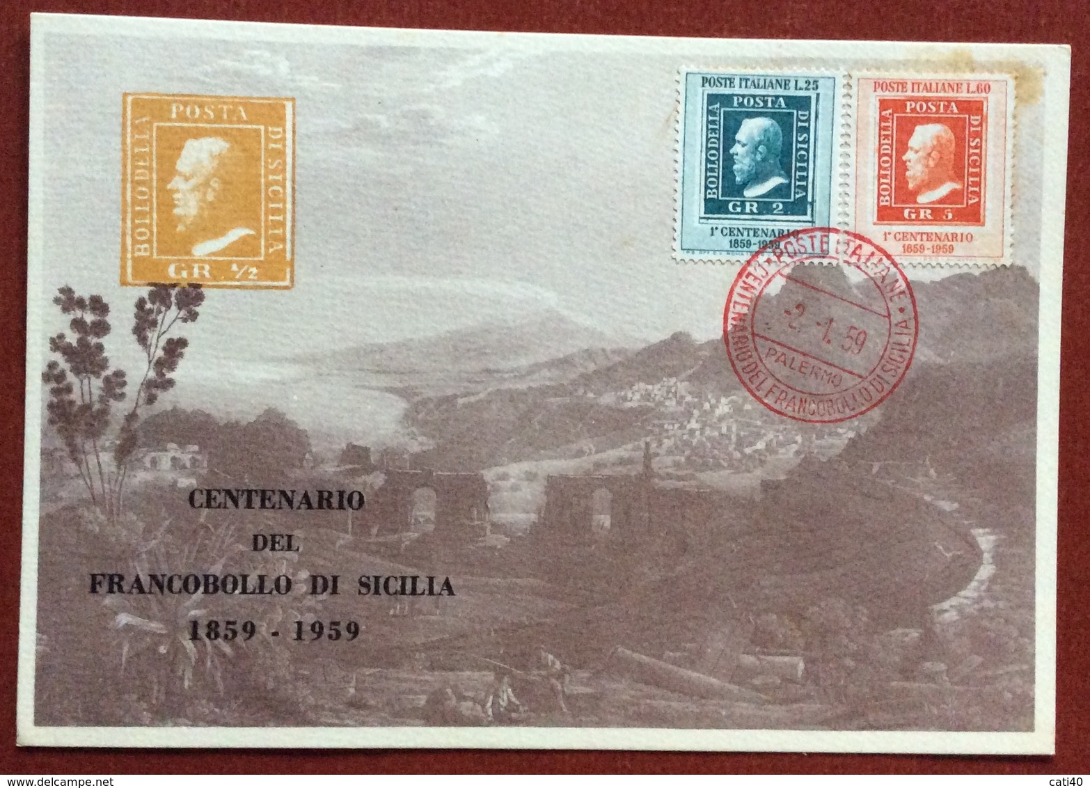 CENTENARIO  DEL FRANCOBOLLO DI SICILIA  1859 - 1959  CARTOLINA UFFICIALE TEMPIO DI SEGESTA - Non Classificati