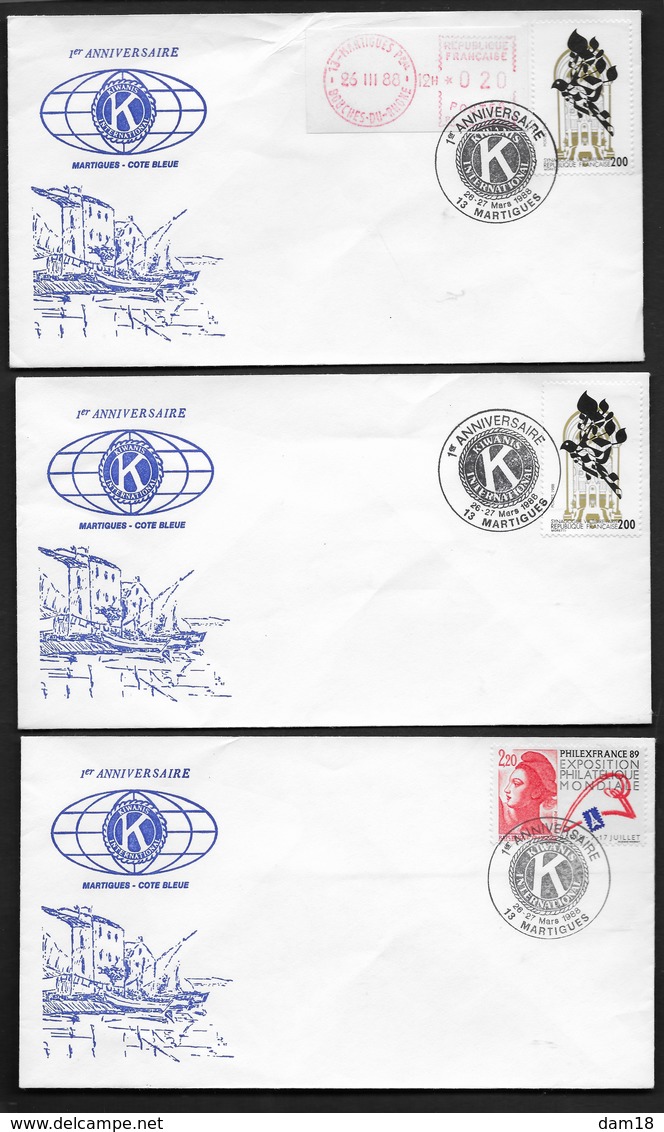 1er ANNIVERSAIRE KIWANIS INTERNATIONAL 1988  CàD MARTIGUES (13) 3 ENVELOPPES ILLUSTREES - Bolli Commemorativi