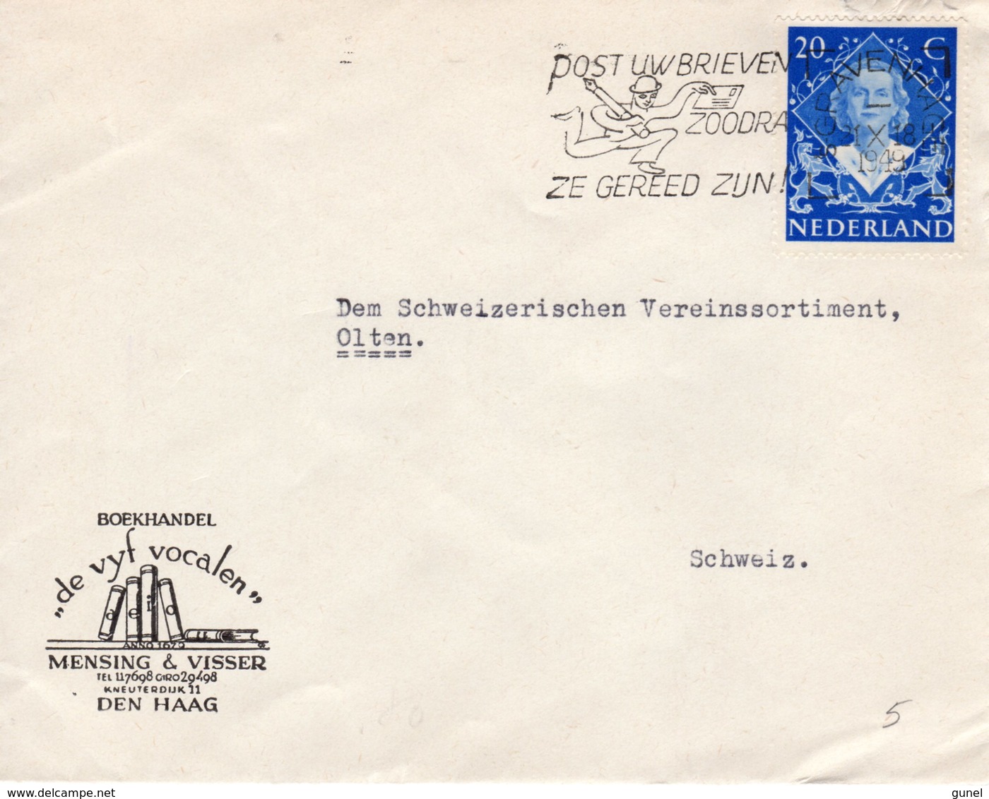 11 X 1949 Enkelfrankering NVPH 507 Op Firma-envelop Van 'sGravenhage Naar Olten Zwitserland - Brieven En Documenten