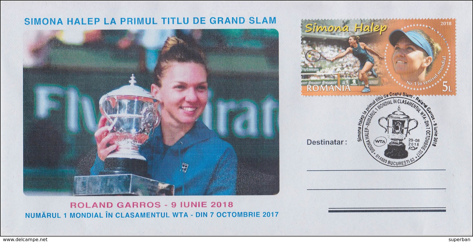 ROMANIA - TENNIS : SIMONA HALEP - WTA No. 1 - ROLAND GARROS WINNER / ENVELOPPE SPÉCIALE : 29.08.2018 / SPECIAL COVER - Tennis