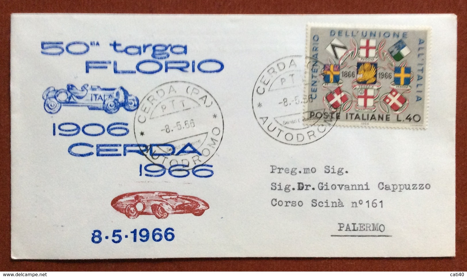 AUTOMOBILISMO 50 TARGA FLORIO CERDA 8/5/66  BUSTA PER PALERMO - Non Classificati