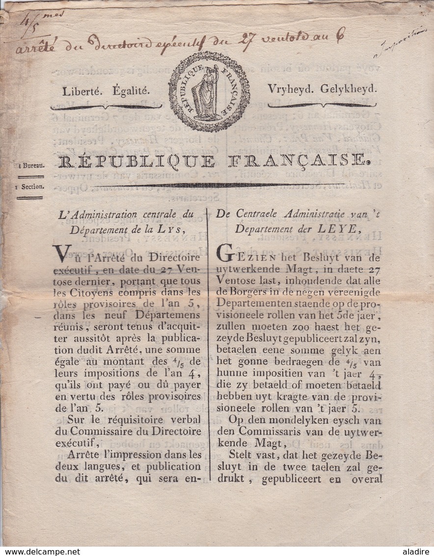 BELGIQUE - Flandre - Département De La Lys - République Française - 1798 - Directoire Exécutif - Arrêté - Décrets & Lois