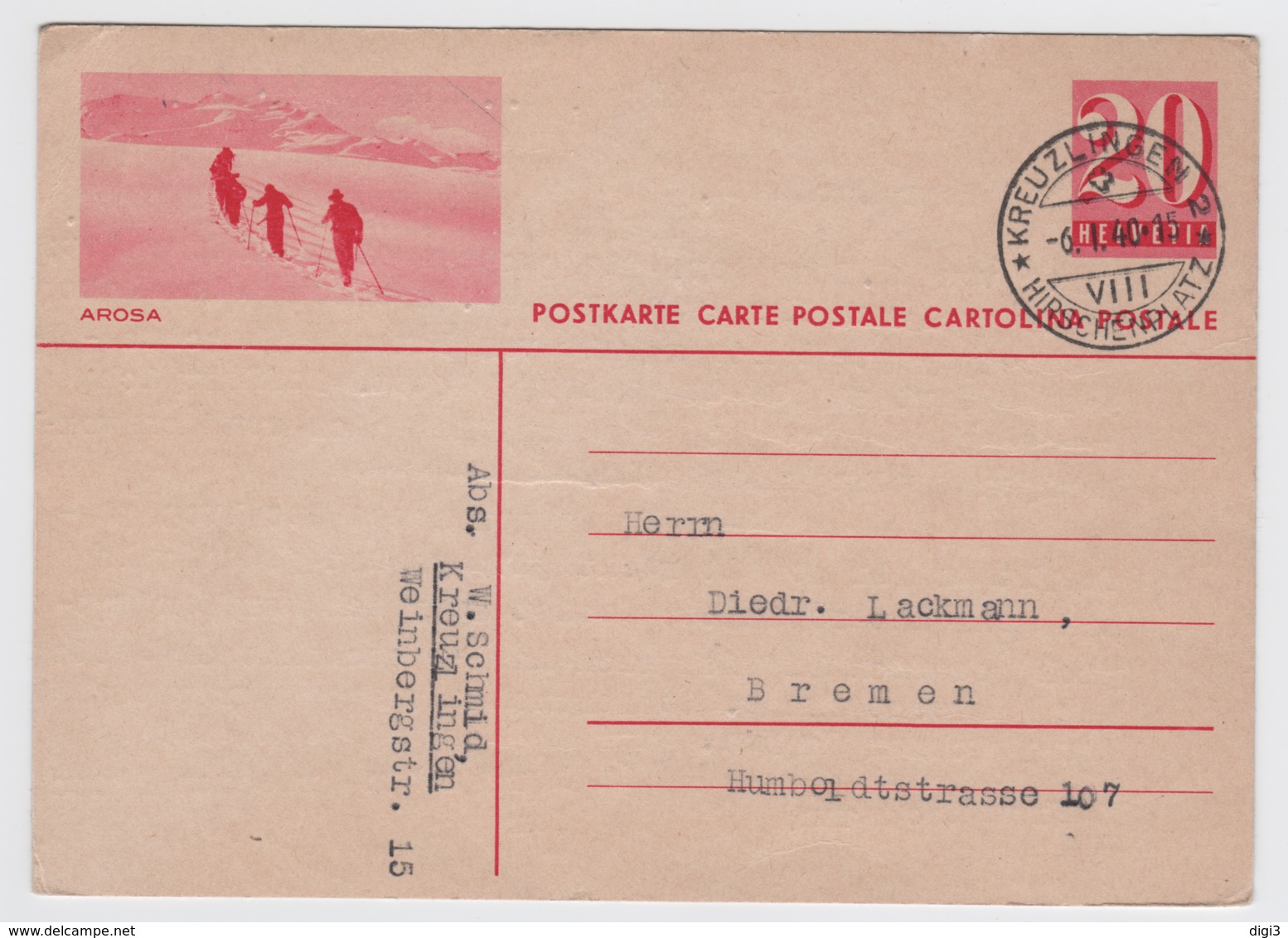 Suisse, 1935, Carte Postale, Chiffre, AROSA (skieurs), Filigrane 6, 20 C. Rose, Kreuzlingen 6-1-40 - Entiers Postaux