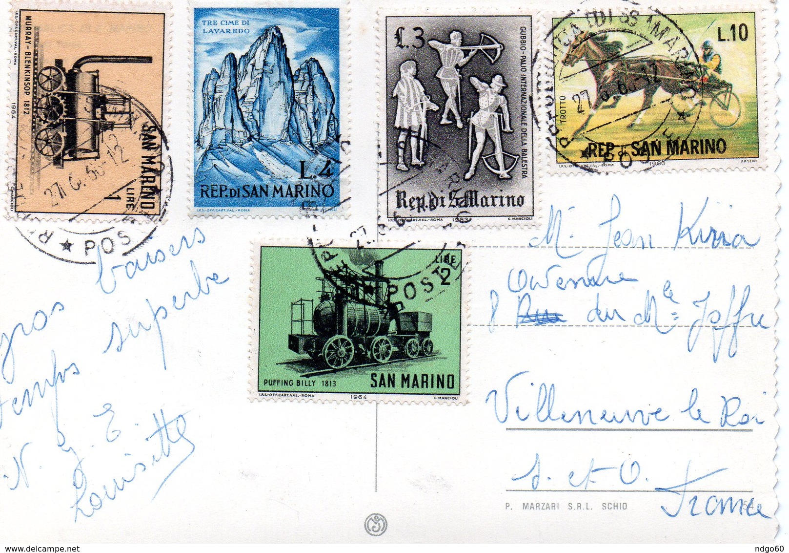 CP Avec 5 Timbres De San Marino - Oblitérés