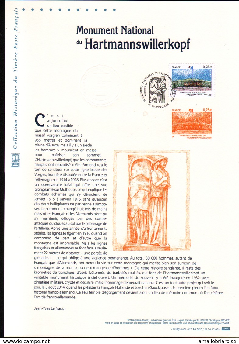 2015, DOCUMENT OFFICIEL DE LA POSTE: Monument Du.Hartsmannwillerkopf - Documents De La Poste