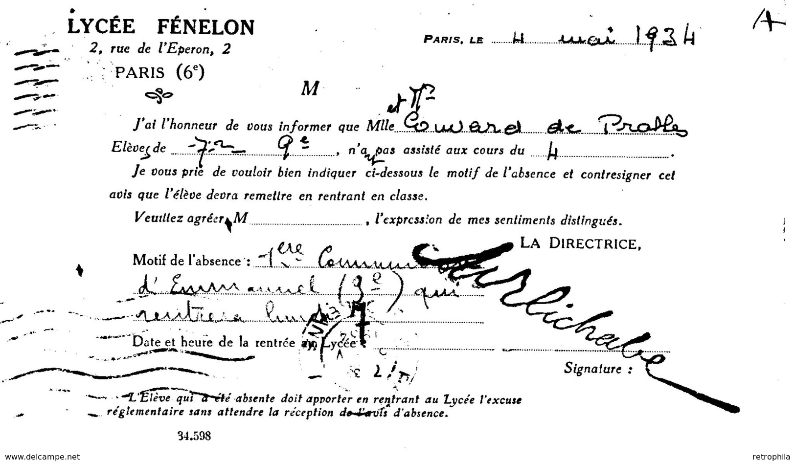 France - CPA - Bulletin D’absence Lycée Fénelon Paris 1934 - Timbre Y&T N° 295 - 1921-1960: Période Moderne