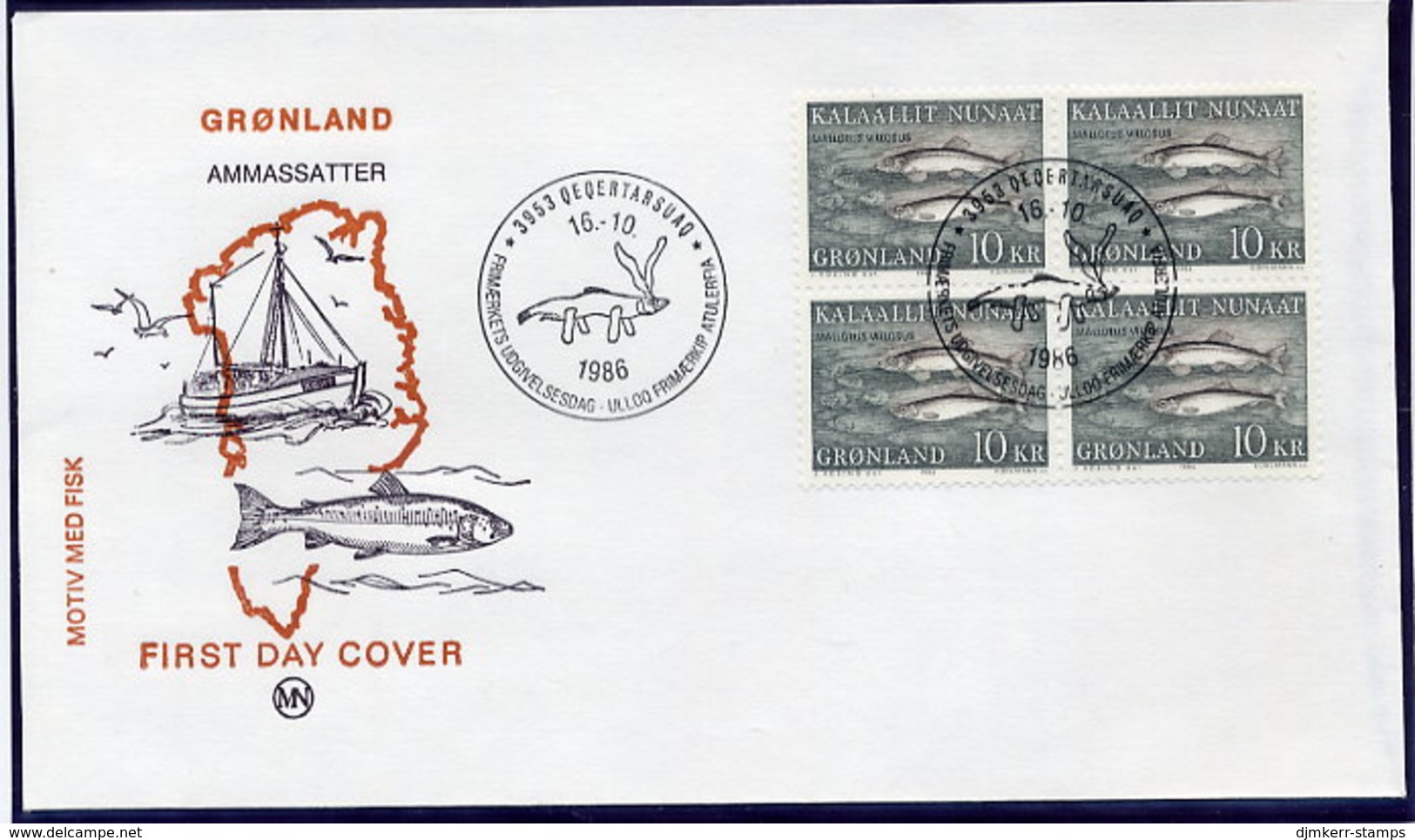 GREENLAND 1986 Fish Definitive 10 Kr. In Block Of 4 On FDC. Michel 168 - FDC