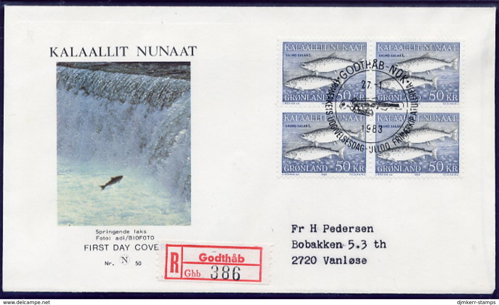 GREENLAND 1983 Atlantic Salmon Definitive 50 Kr  In Block Of 4 On FDC.  Michel  140.  AFA Cat. DKK600 - FDC