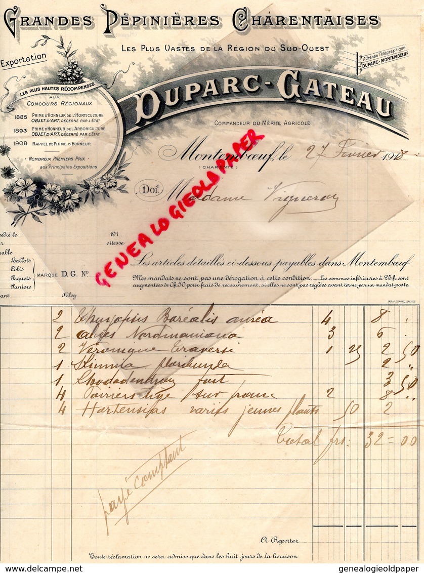 16 - MONTEMBOEUF - BELLE FACTURE MANUSCRITE DUPARC GATEAU- PEPINIERE-GRANDES PEPINIERES CHARENTAISES- 1918 - Agriculture