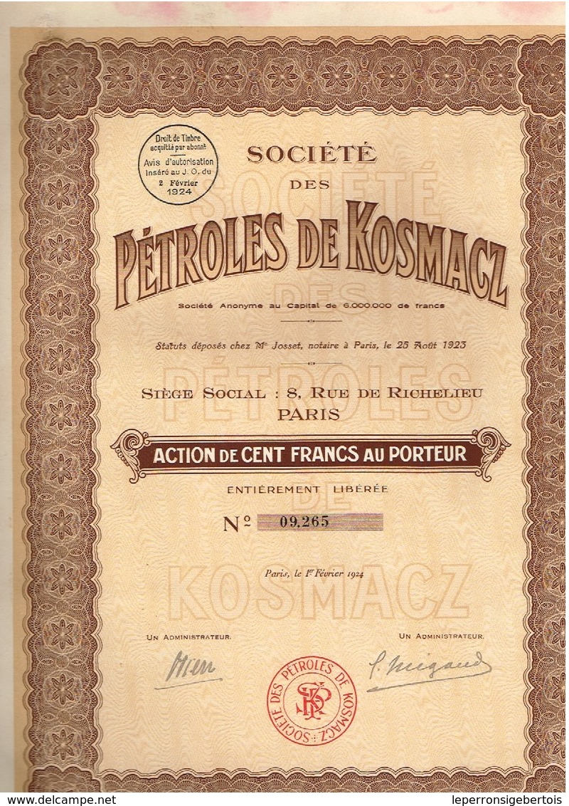 Ancienne Action - Société Des Pétroles De Kosmacz - Titre De 1924 - Pétrole