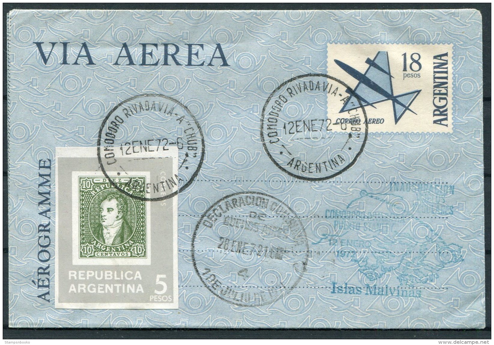 1972 Argentina Comodoro Rivadavia Polar Airletter, Islas Malvinas, Port Stanley, Falkland - Covers & Documents