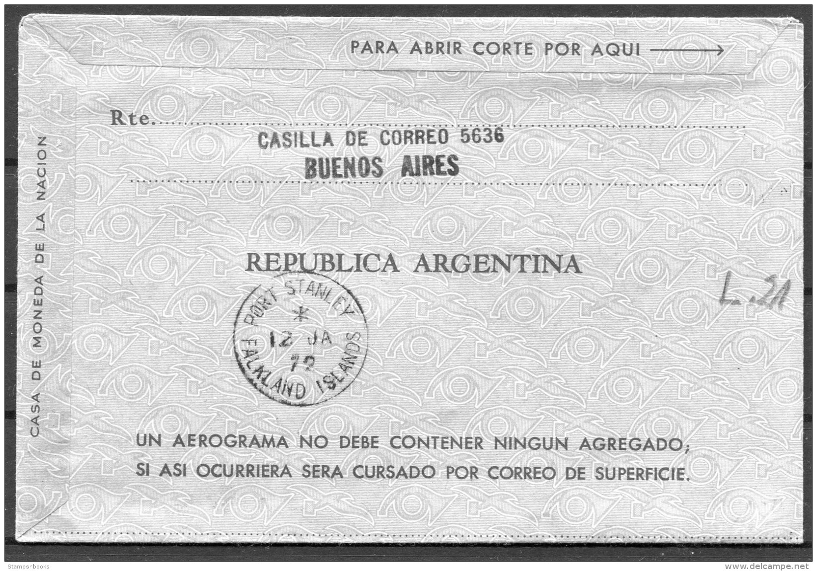 1972 Argentina Comodoro Rivadavia Polar Airletter, Islas Malvinas, Port Stanley, Falkland - Covers & Documents