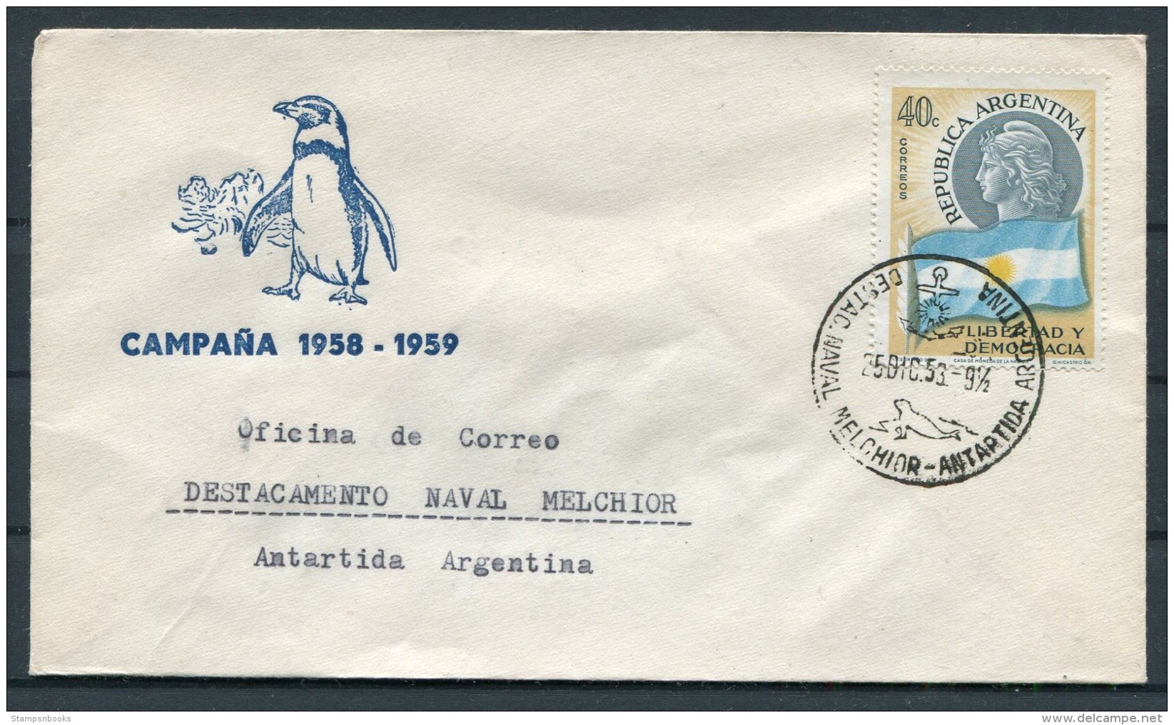 1959 Argentina Antartida Antarctica Polar Penguin Cover.Naval Melchior - Covers & Documents