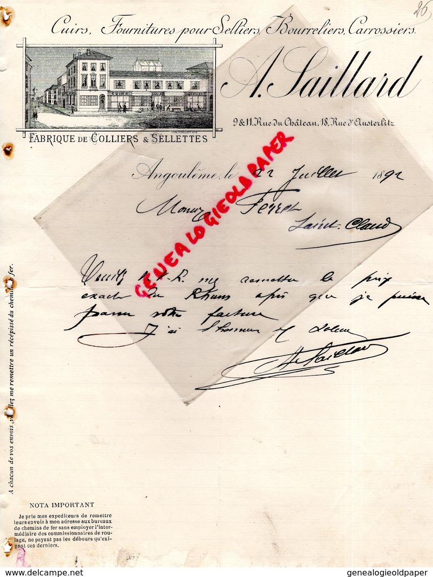 16- ANGOULEME - RARE LETTRE MANUSCRITE SIGNEE A. SAILLARD 1892- CUIRS-FOURNITURES SELLIER BOURRELIER CARROSSIER - Petits Métiers