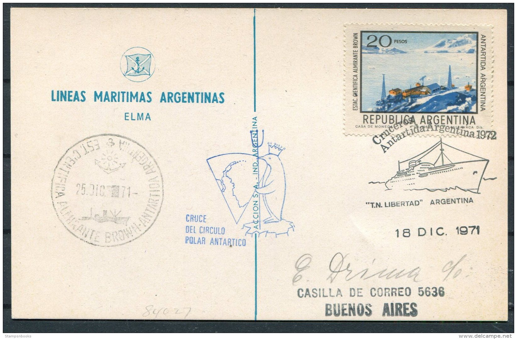 1971 Argentina Antartida Antarctica Polar Lineas Maritimas Argentinas Elma LIBERTAD Ship Postcard - Navi Polari E Rompighiaccio