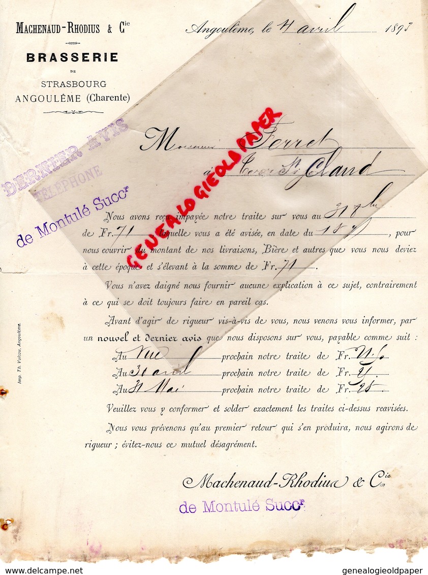 16- ANGOULEME - RARE LETTRE 1893- BIERES- BIERE BRASSERIE STRASBOURG MACHENAUD RHODIUS- MONTULE- - 1800 – 1899